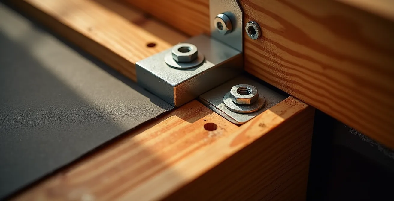 Détail technique de l'ancrage d'un balcon à la solive de rive avec membrane d'étanchéité