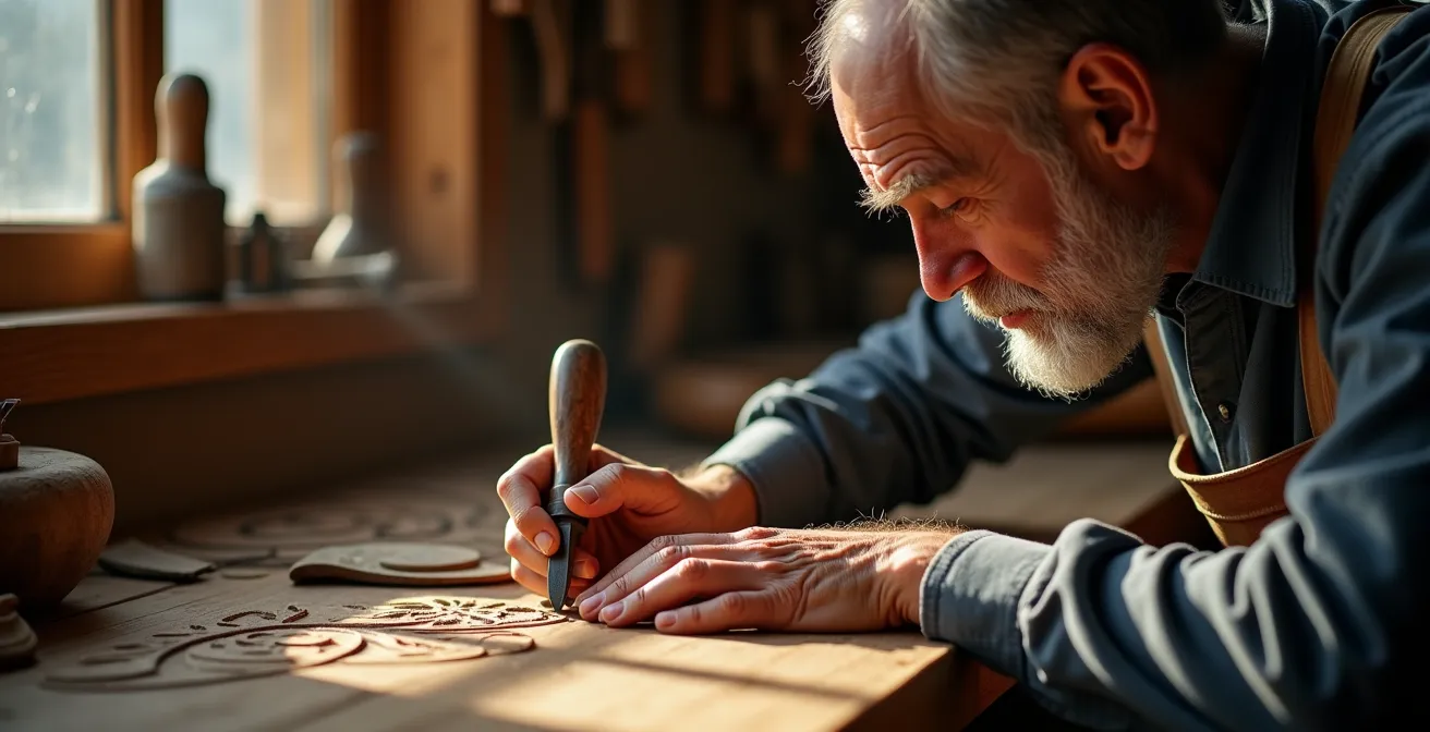 Artisan ébéniste travaillant minutieusement sur une moulure décorative en bois dans son atelier montréalais