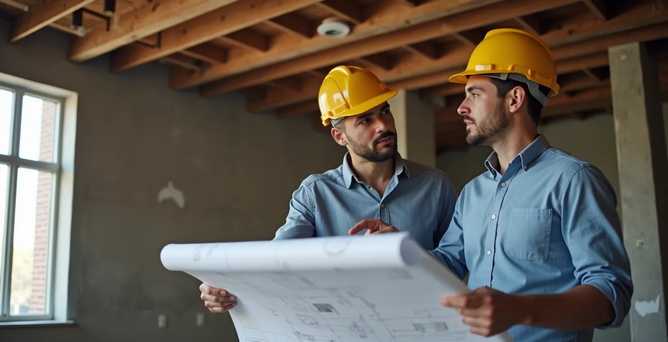 Professionnels de la construction examinant ensemble des plans sur un chantier montréalais