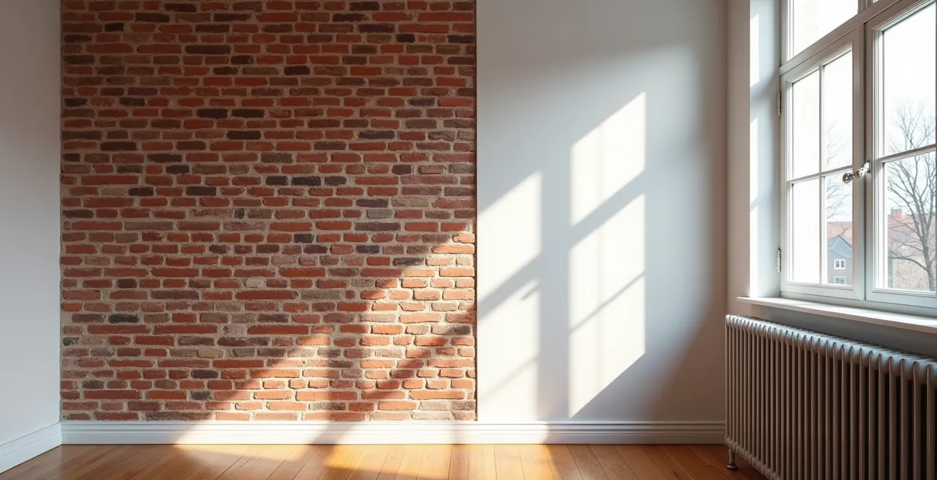 Comparaison visuelle entre blanc pur et blanc chaud dans un salon avec mur de brique rouge