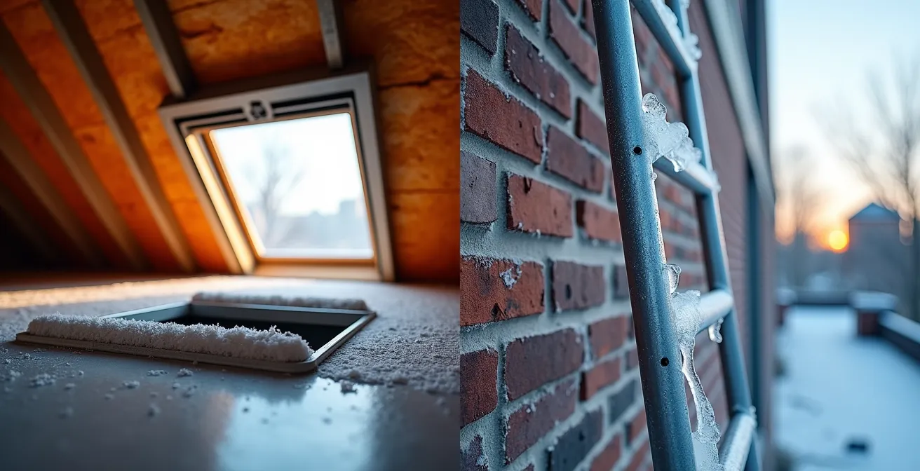 Comparaison côte à côte d'une trappe d'accès intérieure isolée et d'une échelle fixe extérieure givrée sur un toit plat en hiver