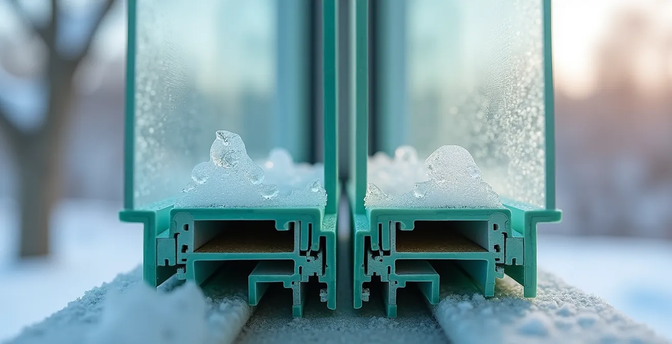 Vue en coupe comparative d'un double et triple vitrage avec condensation hivernale visible