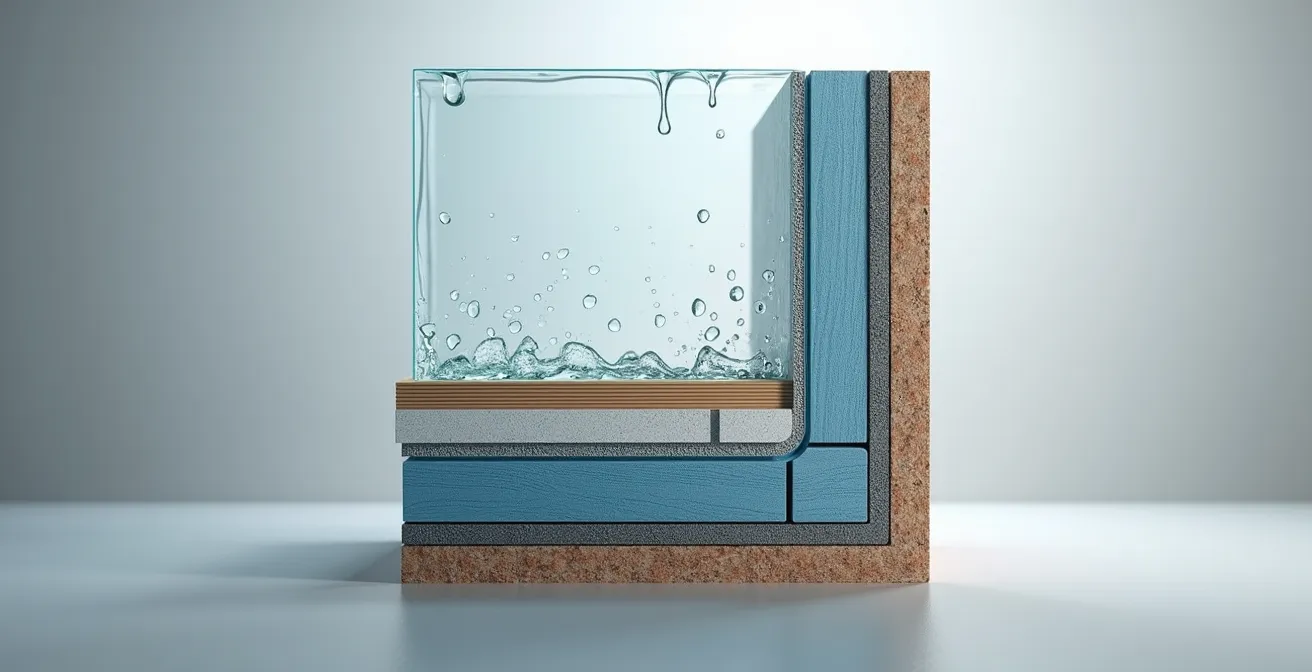 Vue en coupe schématique d'un mur montrant les couches de protection contre l'eau