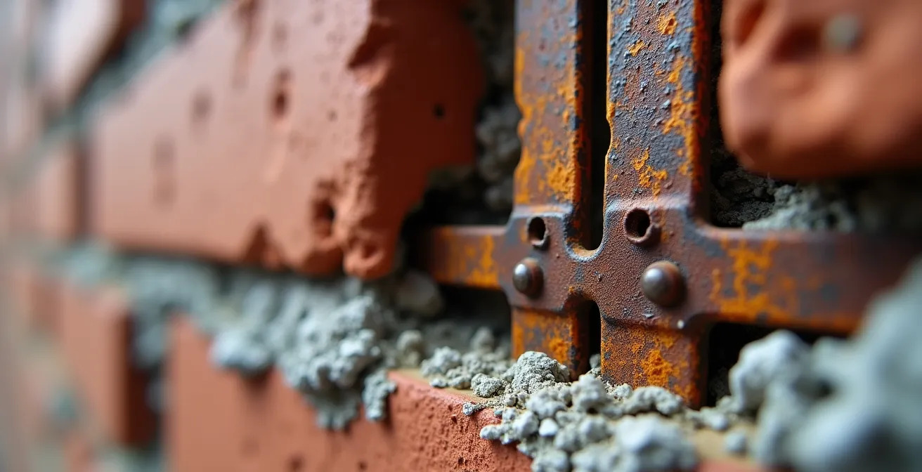 Vue en coupe d'un mur de brique montréalais montrant l'emplacement et la corrosion des attaches métalliques