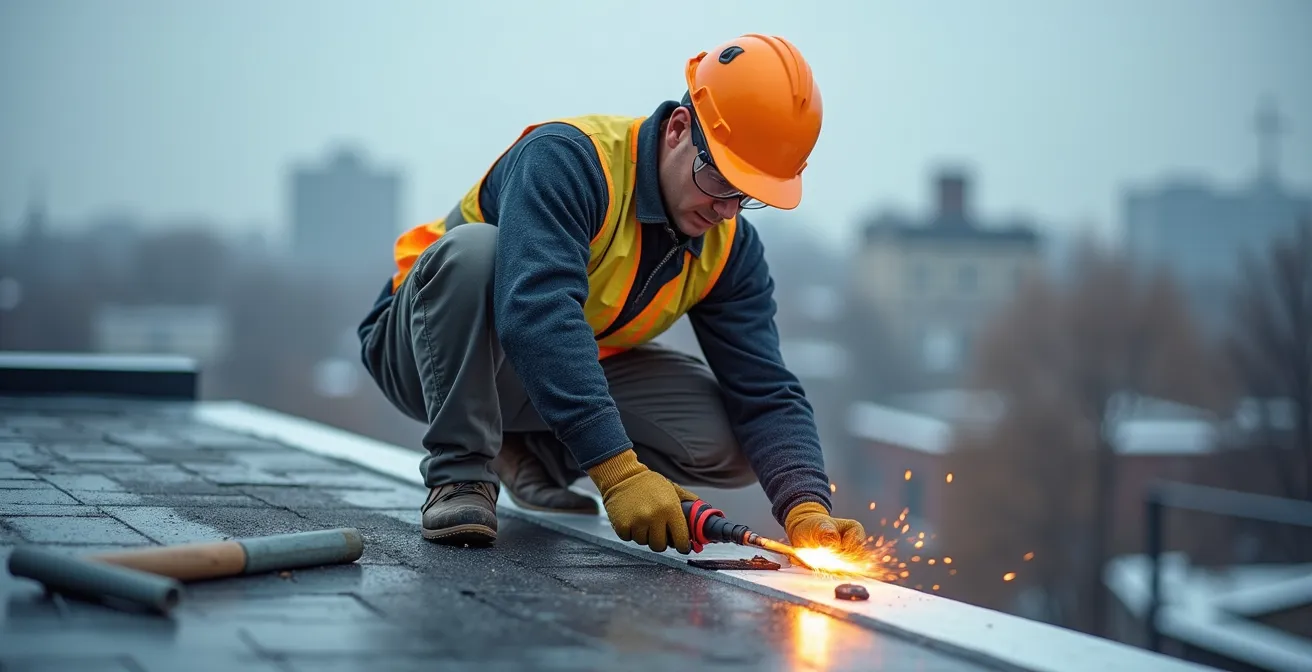 Couvreur certifié installant une membrane élastomère sur un toit plat