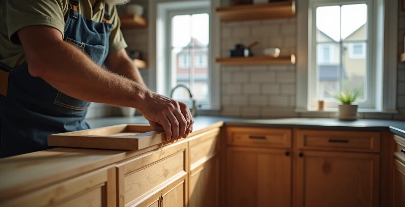 Cuisine sur mesure en érable du Québec avec îlot central en pierre locale dans une maison de prestige