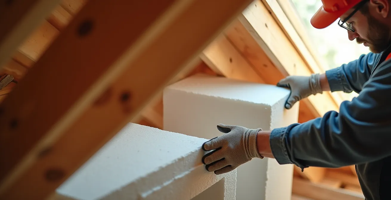 Vue en angle montrant des déflecteurs de ventilation installés entre les chevrons d'un entretoit
