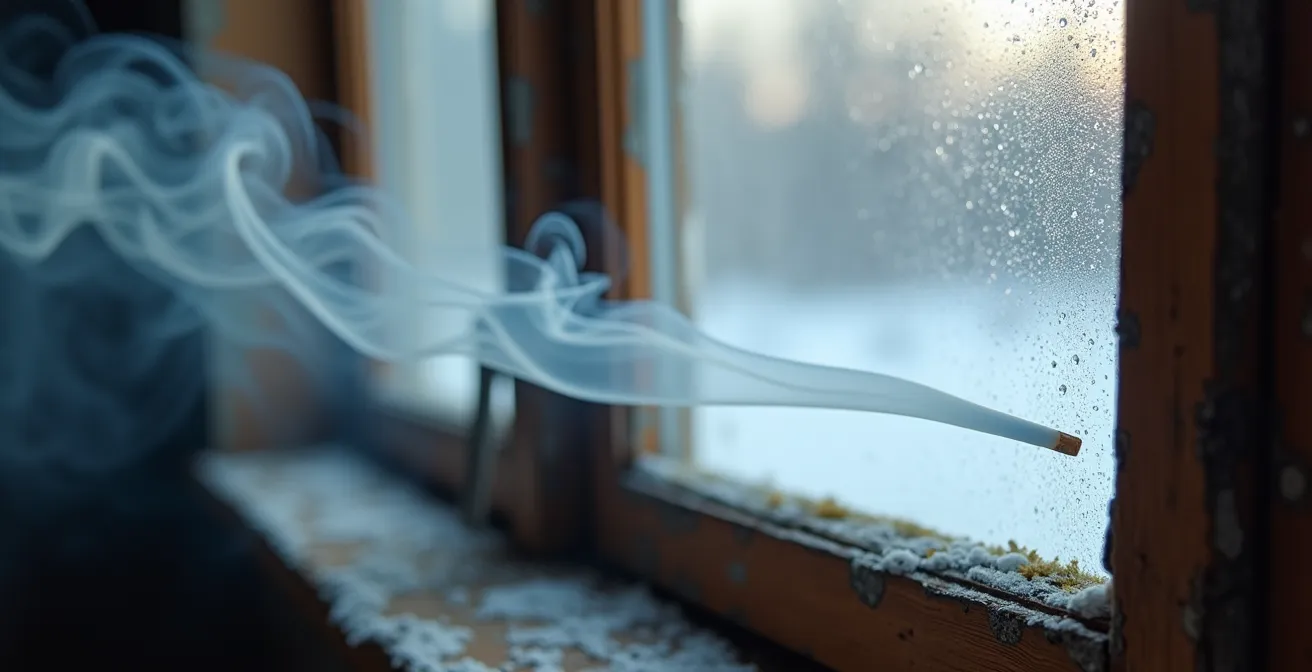 Test de détection des fuites d'air avec bâton d'encens près d'une fenêtre