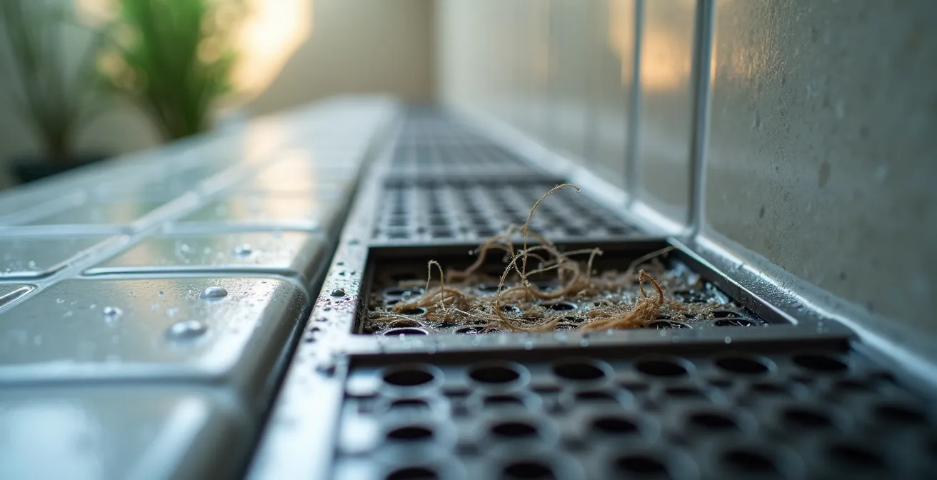 Gros plan sur un drain linéaire moderne avec panier amovible dans une douche à l'italienne
