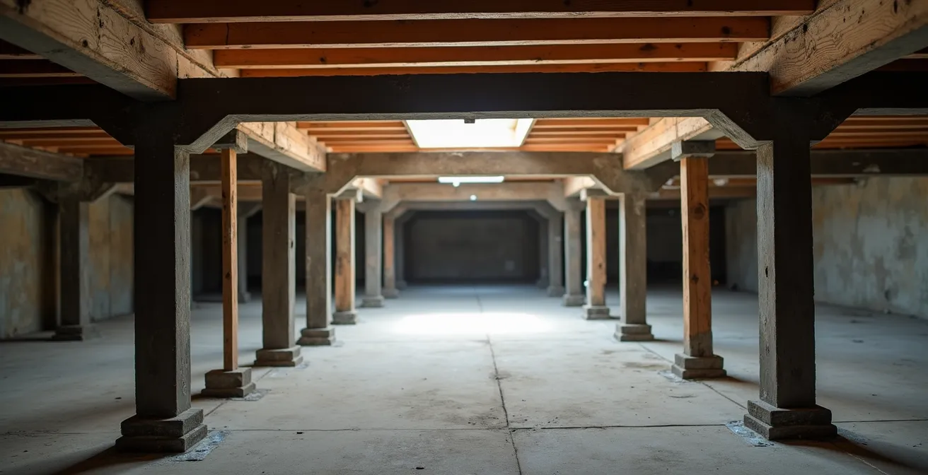 Système d'étaiement professionnel installé sous un plancher de plex avec solives apparentes