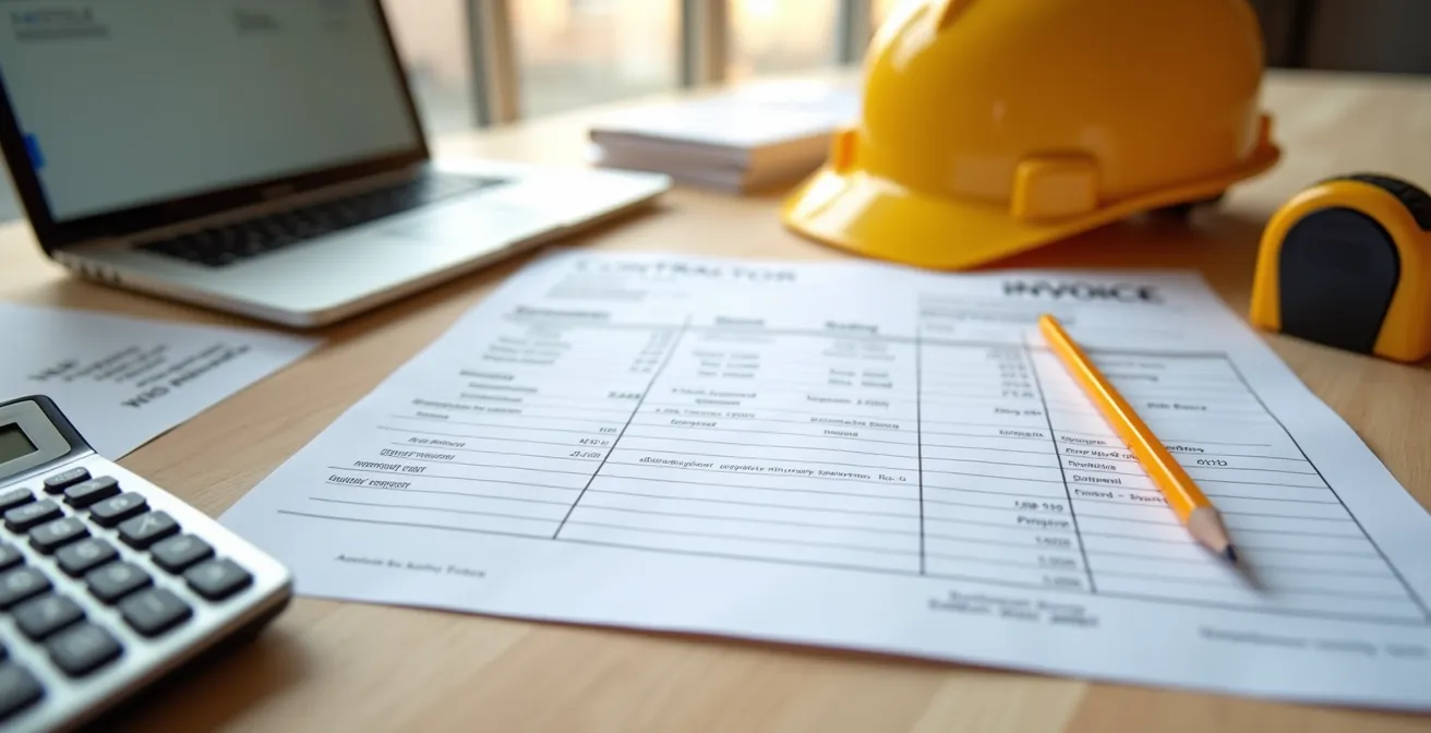 Vue en angle d'une facture d'entrepreneur posée sur une table de travail avec calculatrice et documents de construction