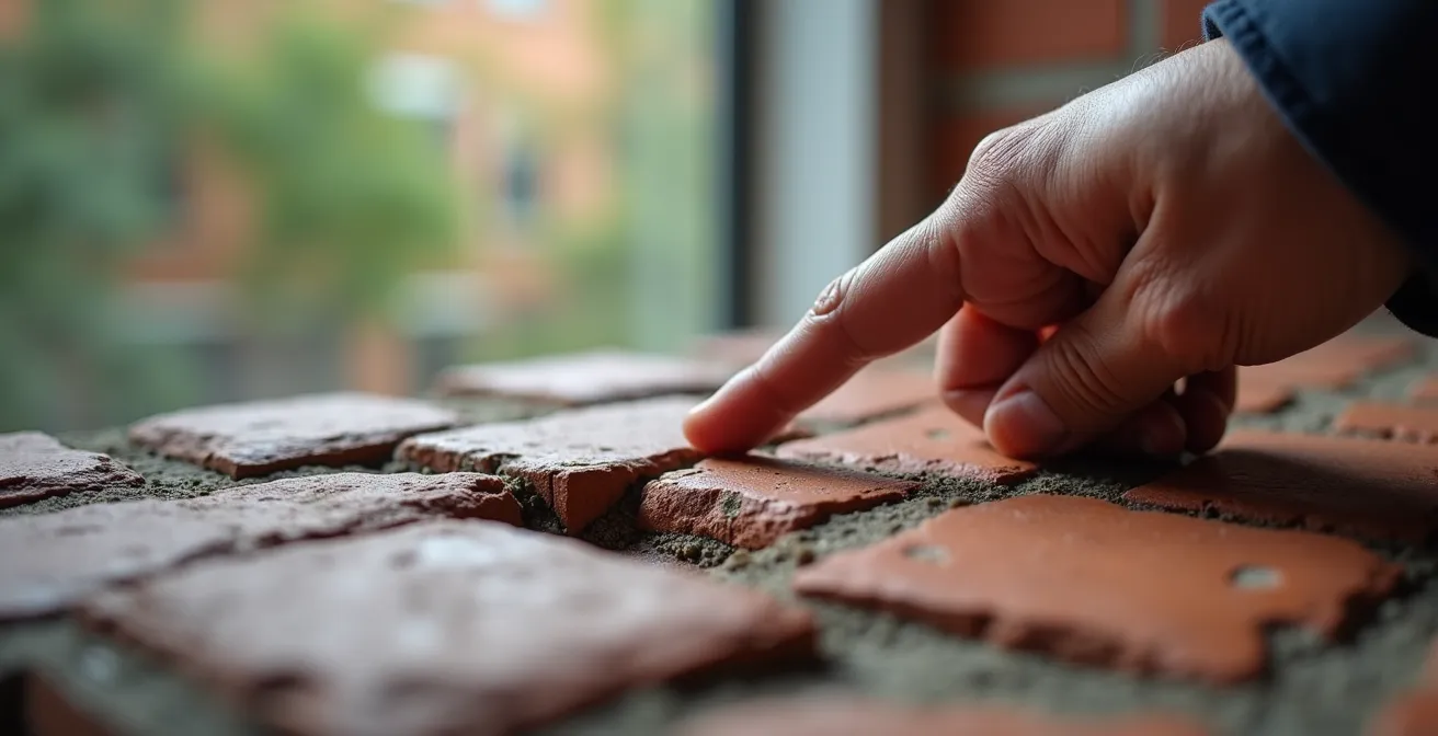 Fissure en escalier suivant les joints de mortier d'un mur de brique montréalais