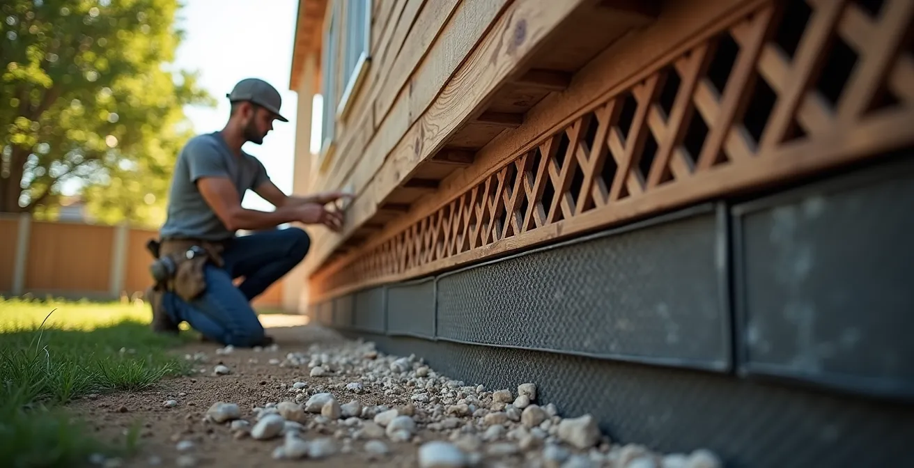 Vue détaillée de différentes finitions architecturales pour cacher les pieux vissés sous une extension