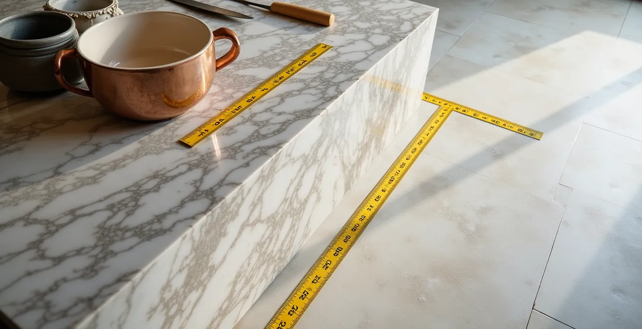 Vue aérienne d'un îlot de cuisine avec marquage au sol des zones de circulation de 36 à 48 pouces