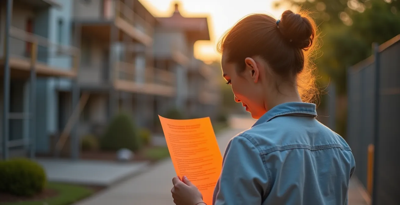 Portrait émotionnel d'un propriétaire découvrant un avis d'arrêt de travaux sur son chantier