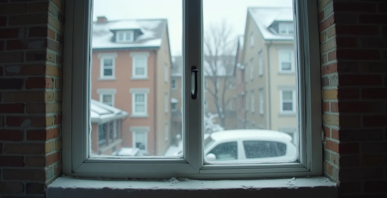 Vue large d'une fenêtre résidentielle montréalaise montrant les signes de détérioration du calfeutrage en hiver