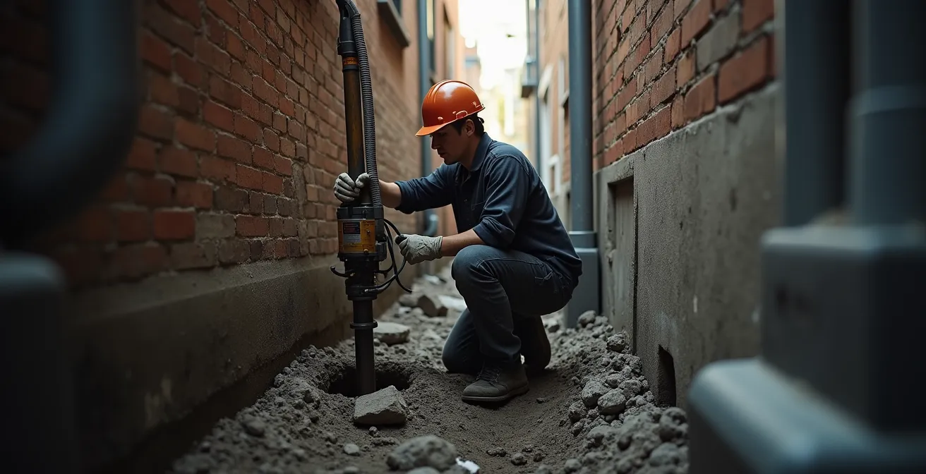 Installation de pieux hydrauliques sous une fondation de maison avec équipement spécialisé