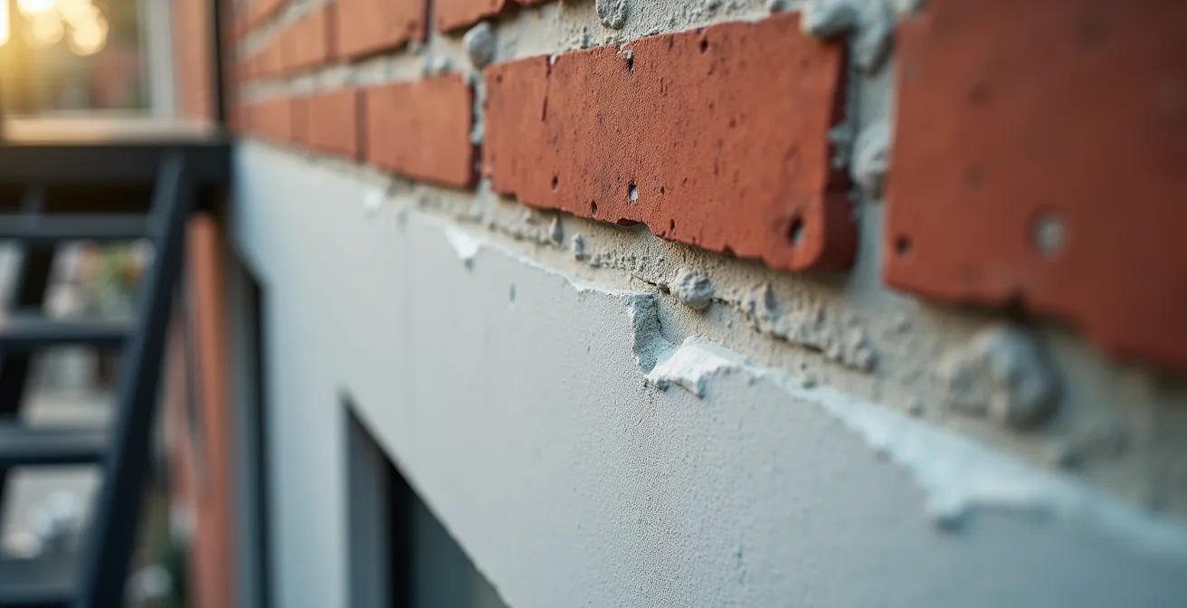 Vue en coupe d'un mur de plex montréalais avec isolation extérieure continue