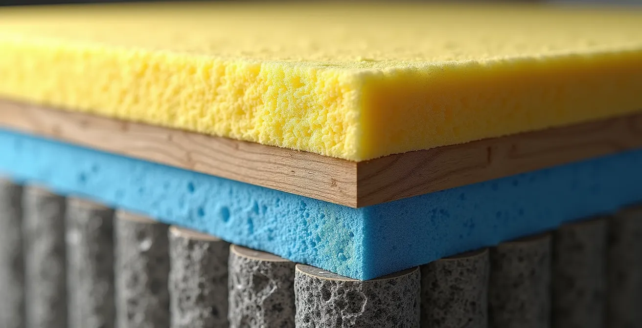 Coupe technique d'un plancher isolé sur pieux vissés montrant les couches d'isolation