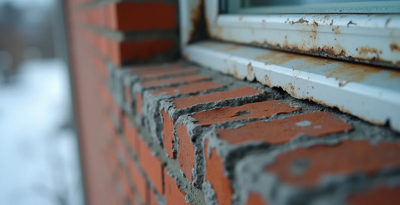 Vue macro d'un joint de calfeutrage décollé montrant la séparation entre le scellant et la brique