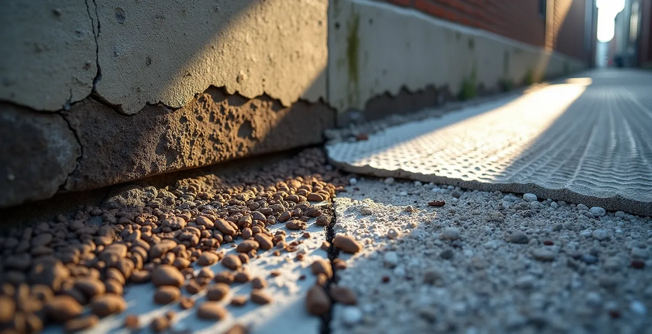 Comparaison visuelle entre membrane alvéolaire moderne et goudron fissuré sur fondation