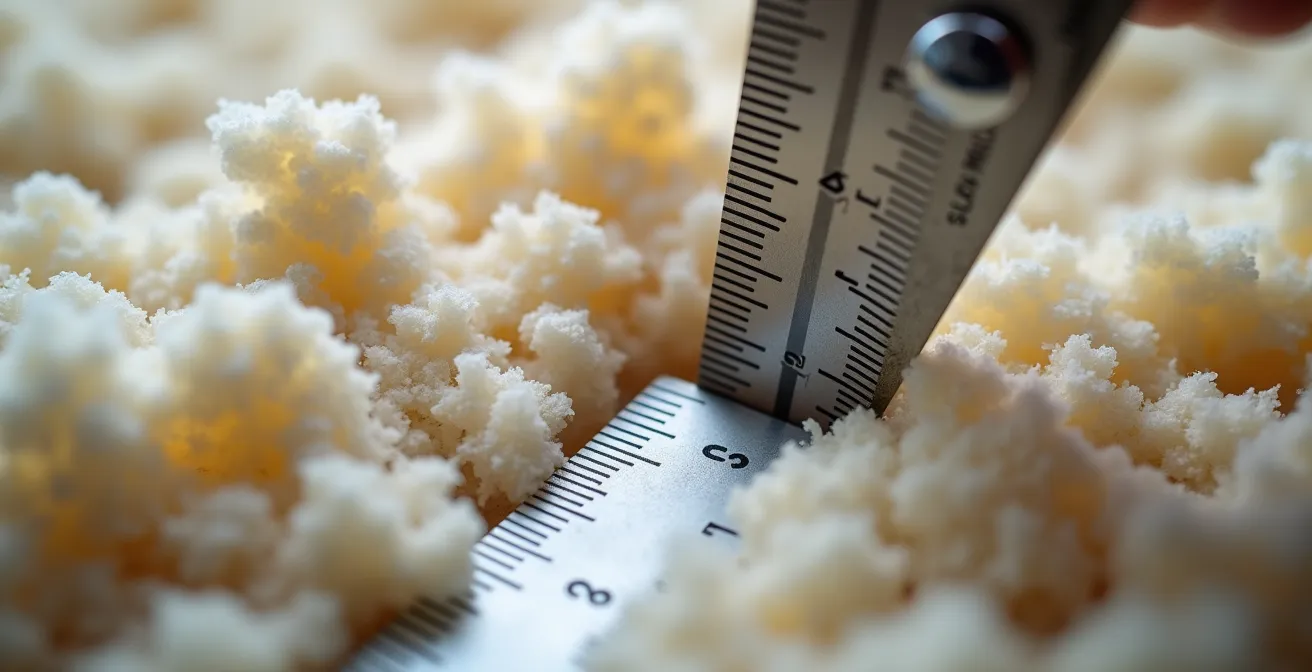 Règle de mesure graduée plantée dans une épaisse couche de cellulose soufflée montrant la profondeur d'isolation