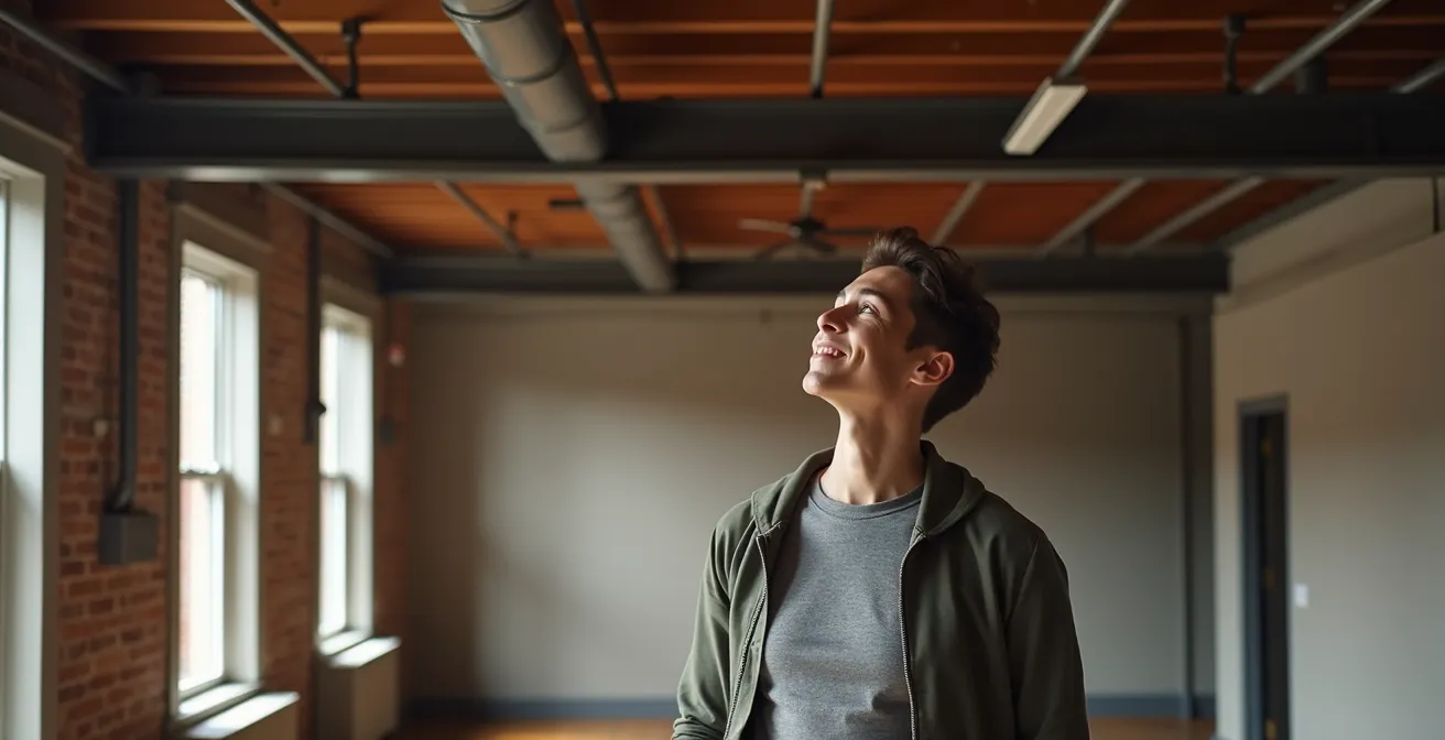 Poutre d'acier apparente dans un loft rénové avec brique exposée et éclairage intégré