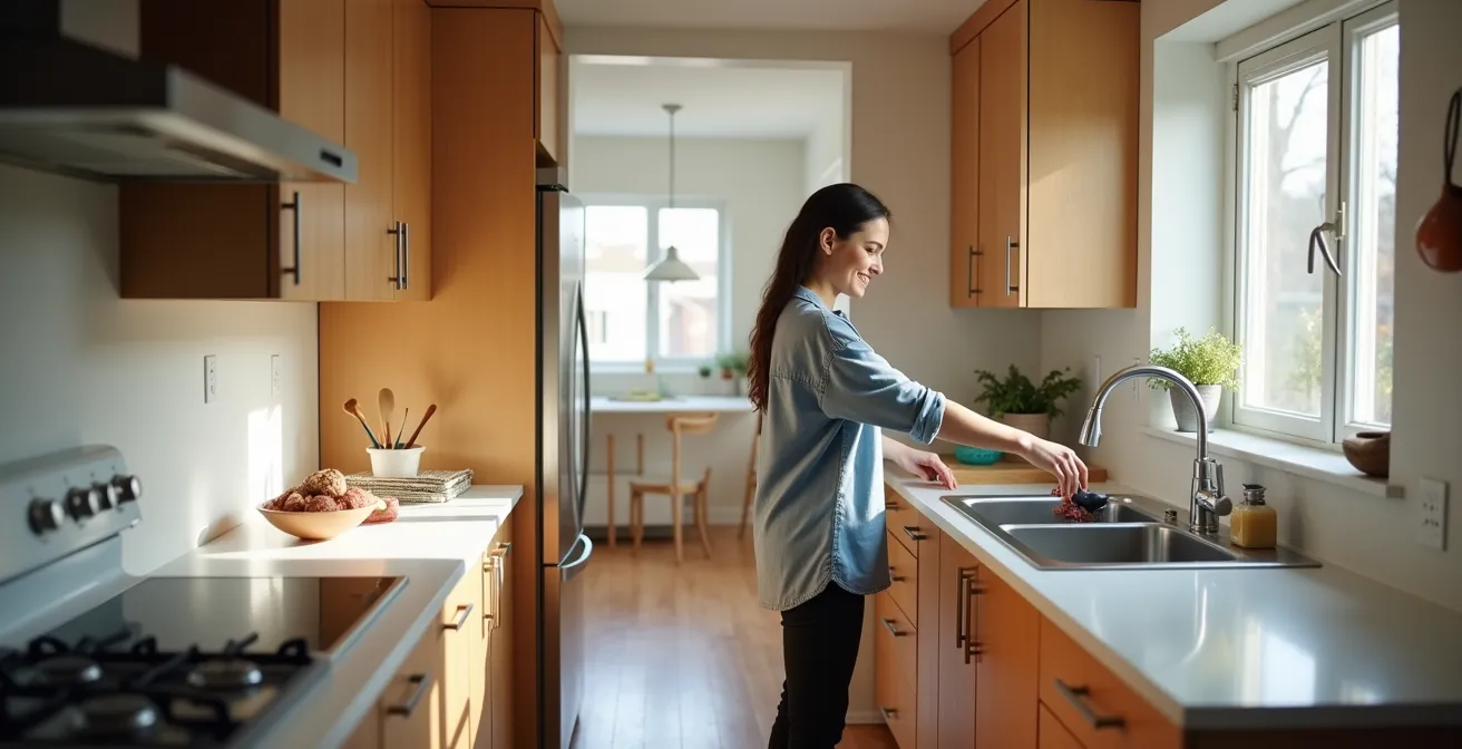Vue latérale d'une presqu'île dans une cuisine étroite de plex montréalais montrant l'optimisation de l'espace