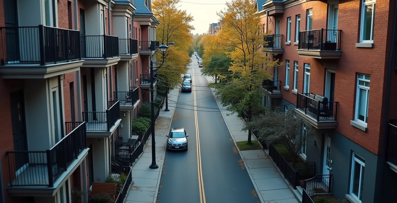 Vue aérienne montrant les marges de recul et saillies autorisées pour un balcon montréalais