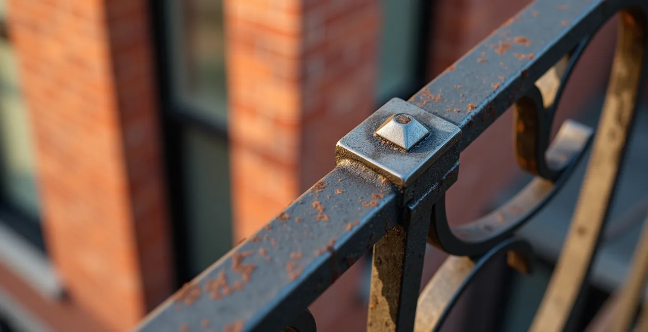 Vue détaillée d'un balcon montréalais avec garde-corps en fer forgé renforcé par ajout de verre trempé
