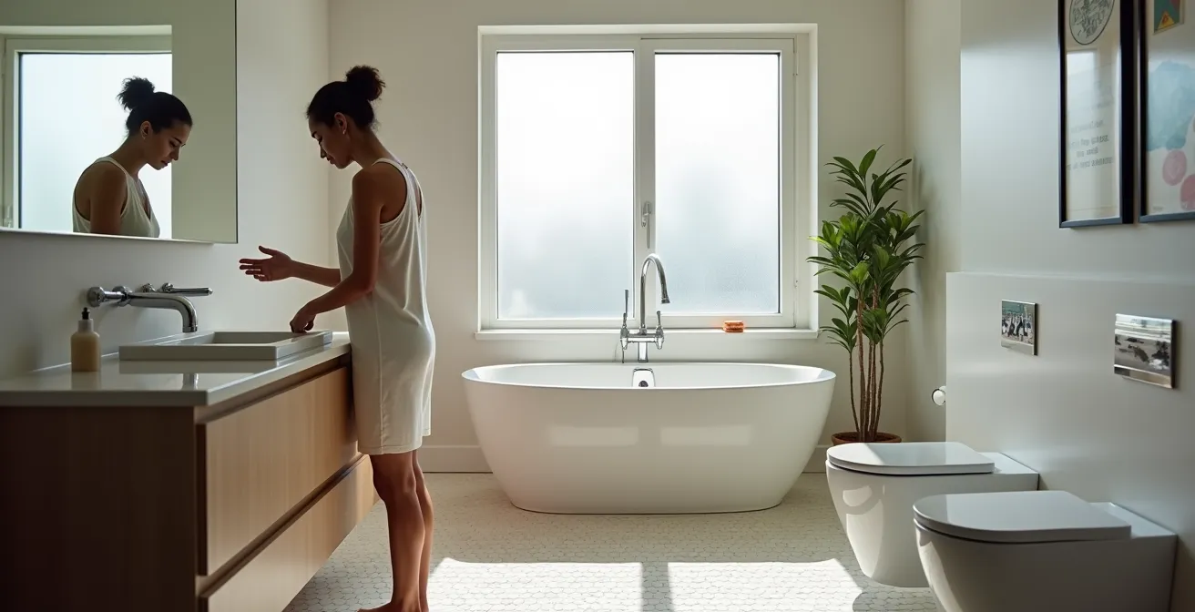 Salle de bain moderne avec vanité suspendue et toilette murale dans un condo montréalais