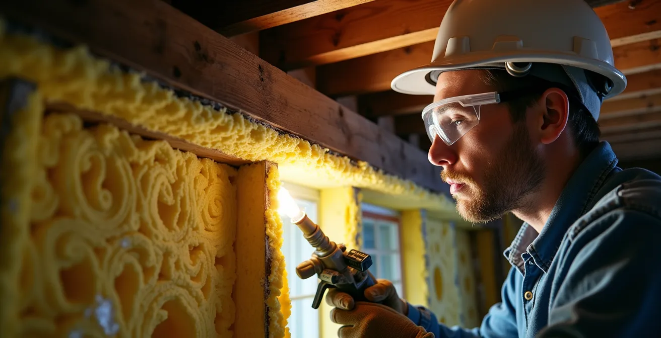 Application de mousse polyuréthane sur solive de rive au sous-sol