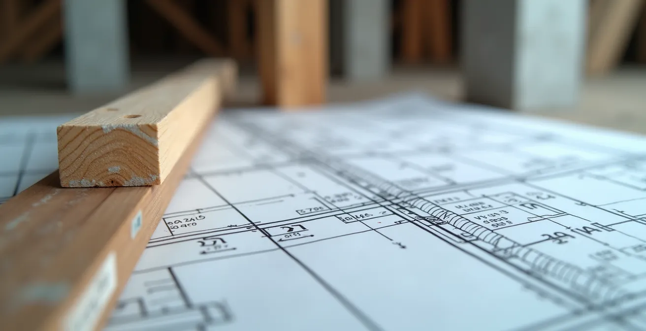 Gros plan détaillé sur des symboles de plan d'ingénieur avec éléments structurels réels en arrière-plan
