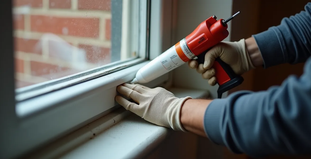 Personne appliquant du calfeutrage autour d'une fenêtre avec technique professionnelle