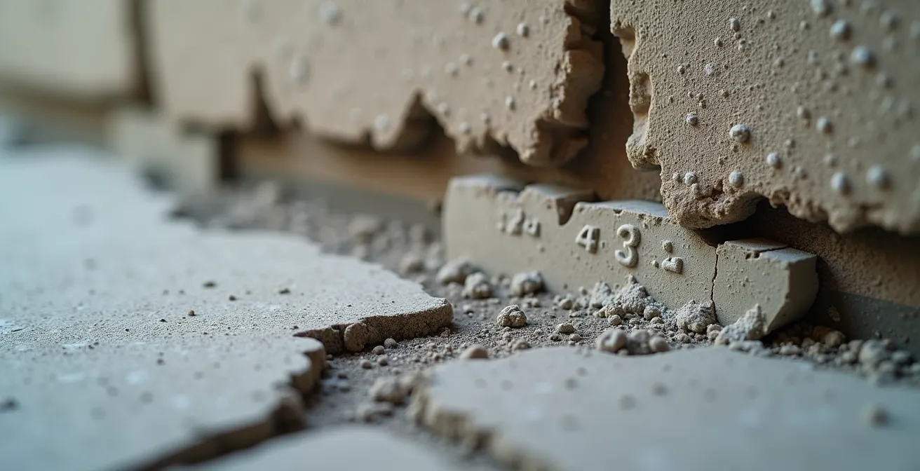 Gros plan macro d'un témoin en plâtre installé sur une fissure de fondation avec date inscrite