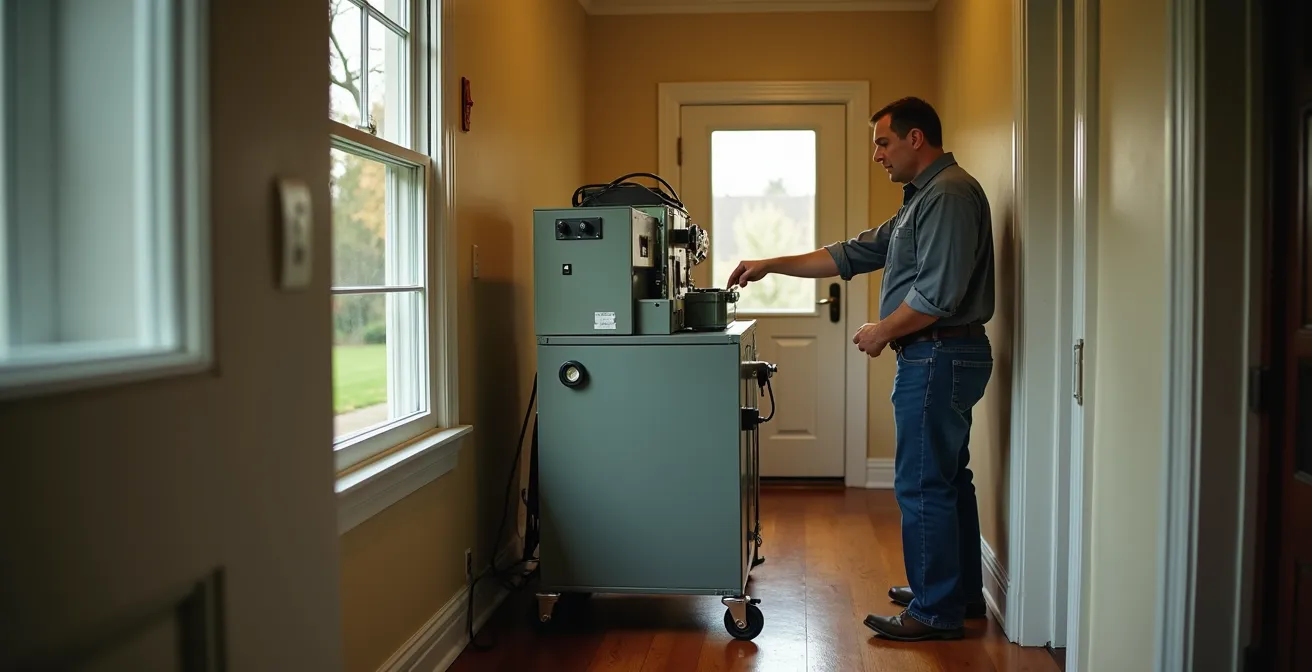 Test d'infiltrométrie avec porte soufflante installée dans l'encadrement d'une porte d'entrée de maison