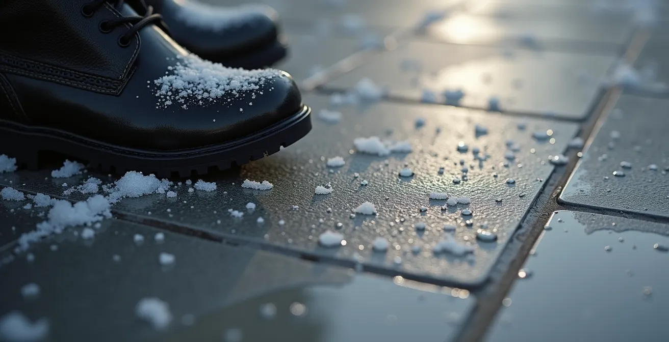 Gros plan sur carrelage d'entrée avec test de résistance PEI