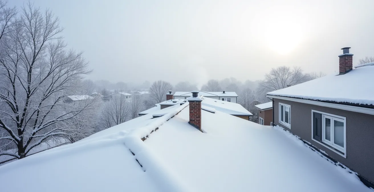 Toit plat recouvert de neige épaisse en hiver montréalais démontrant l'absence d'impact de la couleur