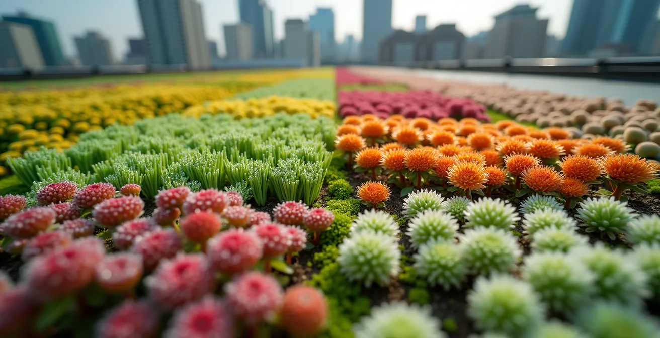 Vue aérienne d'un toit vert sur un triplex montréalais montrant les quatre saisons en quadrants