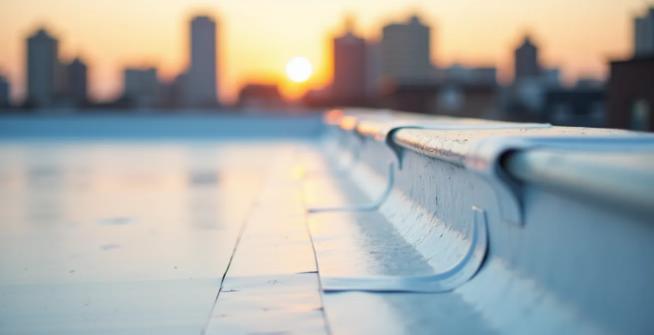 Vue aérienne d'une toiture plate avec membrane élastomère blanche typique de Montréal