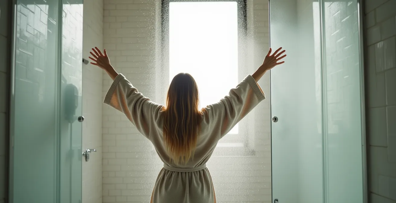 Vue d'ensemble d'une salle de bain rénovée avec grande douche à l'italienne dans un plex montréalais