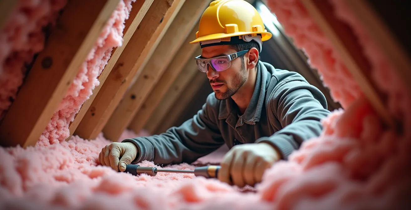 Ouvrier installant de l'isolation dans les combles d'une maison québécoise