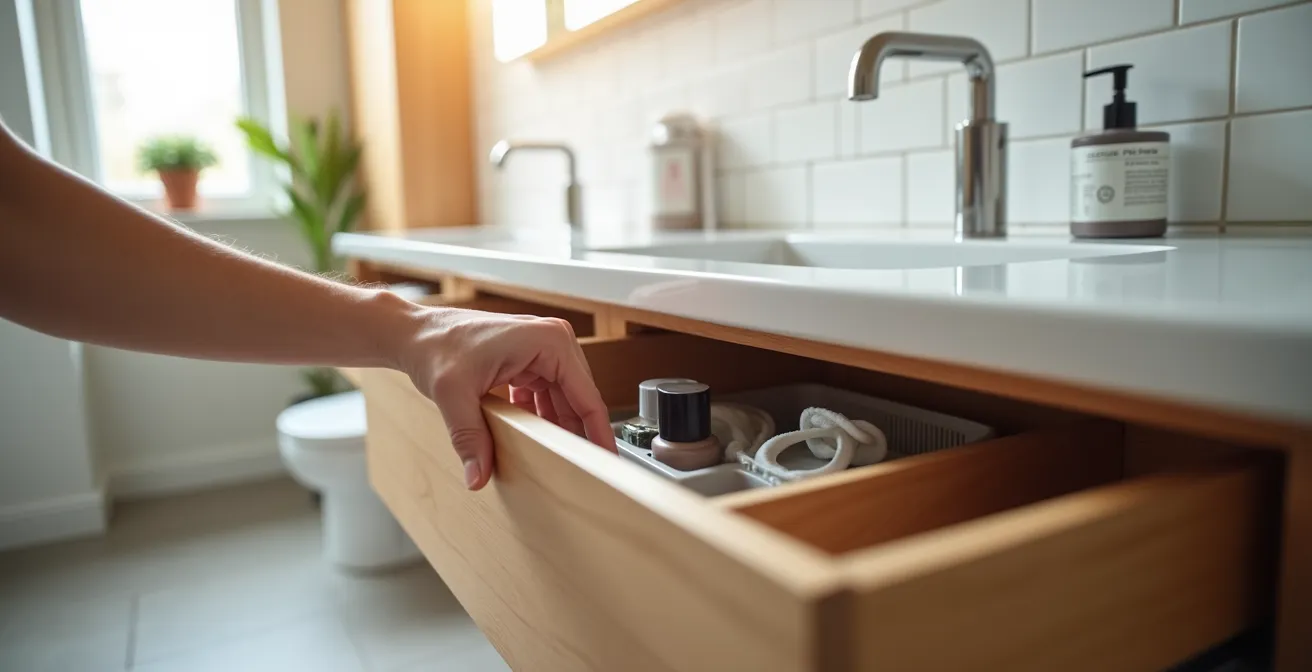 Vanité suspendue moderne dans une petite salle de bain avec rangements optimisés