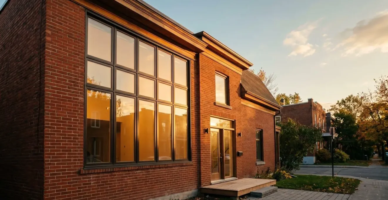 Façade de maison montréalaise en brique rouge avec grandes fenêtres modernes illuminées par lumière dorée du soleil couchant