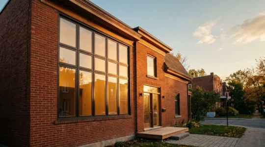 Façade de maison montréalaise en brique rouge avec grandes fenêtres modernes illuminées par lumière dorée du soleil couchant