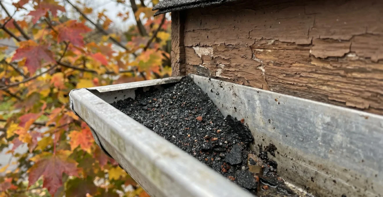 Granules noires de bardeaux accumulées dans une gouttière en aluminium lors d'une inspection d'automne au Québec