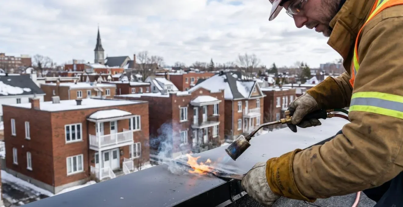 Technicien en train de thermosouder une membrane élastomère sur un toit plat résidentiel au Québec, avec torche à propane visible