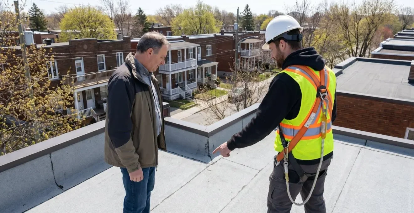 Propriétaire québécois accompagnant un couvreur lors de l'inspection d'un toit plat résidentiel au printemps, avec vue sur quartier résidentiel de banlieue