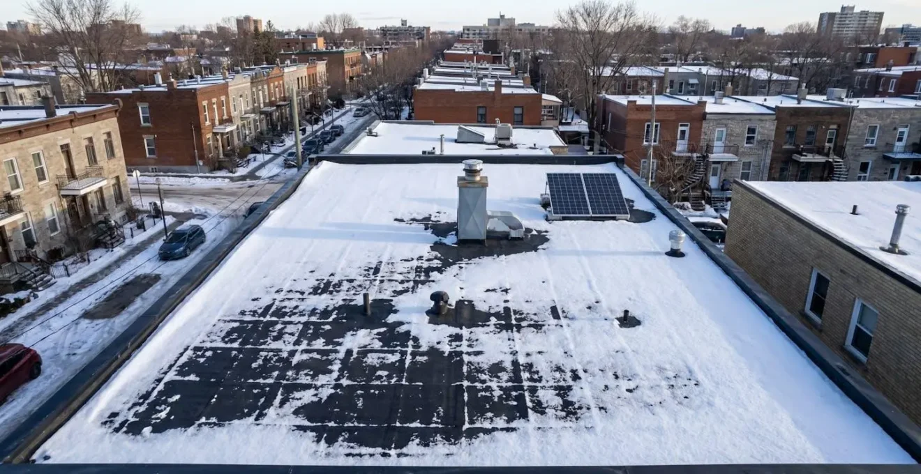 Vue aérienne d'un toit plat résidentiel à Montréal recouvert de membrane élastomère après une chute de neige hivernale
