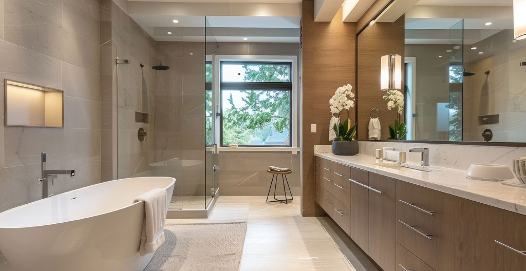 Vanité de salle de bain contemporaine sur-mesure en bois avec plan de travail quartz blanc, vasque encastrée, robinetterie chromée et miroir suspendu éclairé par appliques murales